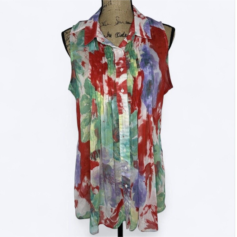 Vtg Fever Watercolor Floral Blouse Sz L Button Front Artsy Office Bloomcore
